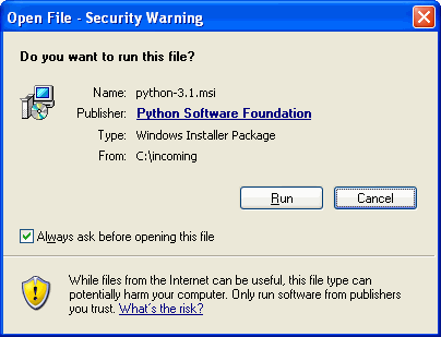 [Windows 对话框：打开文件安全警告]