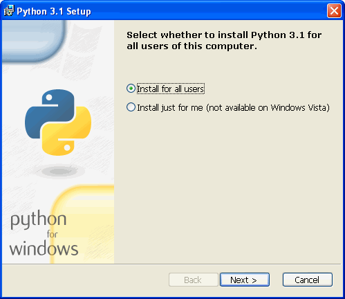 [Python 安装程序：选择是否为本计算机的所有用户安装 Python 3.1。]