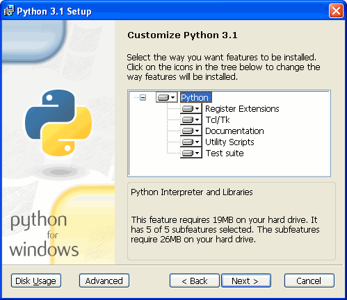 [Python 安装程序: 定制 Python 3.1]