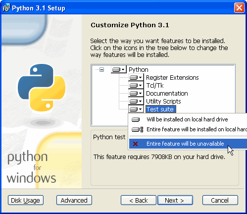 [Python 安装程序：删除测试套件可以省出 7908KB 硬盘空间。]